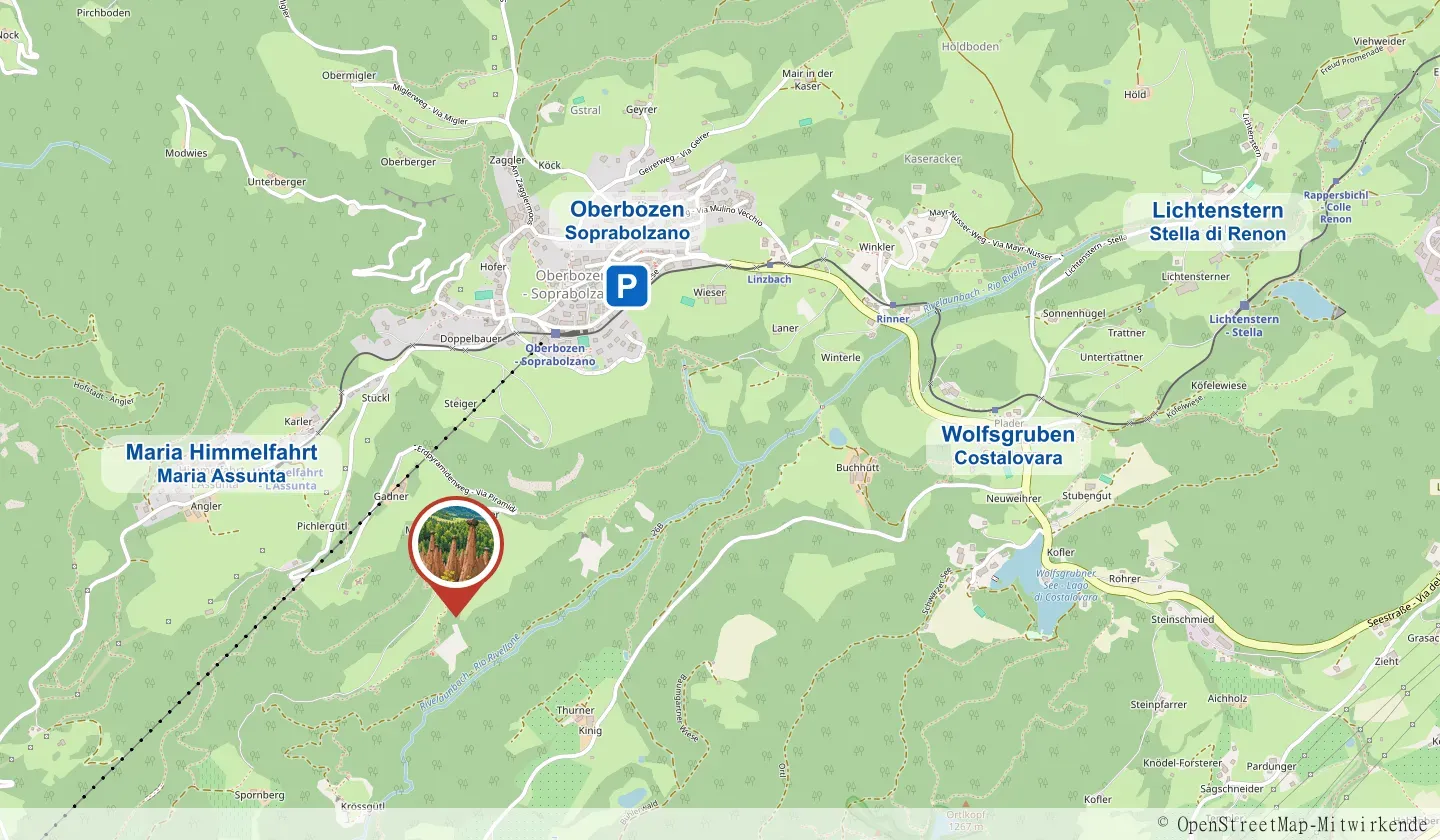 Mappa: piramidi di terra presso Soprabolzano sul Renon, con parcheggio in paese