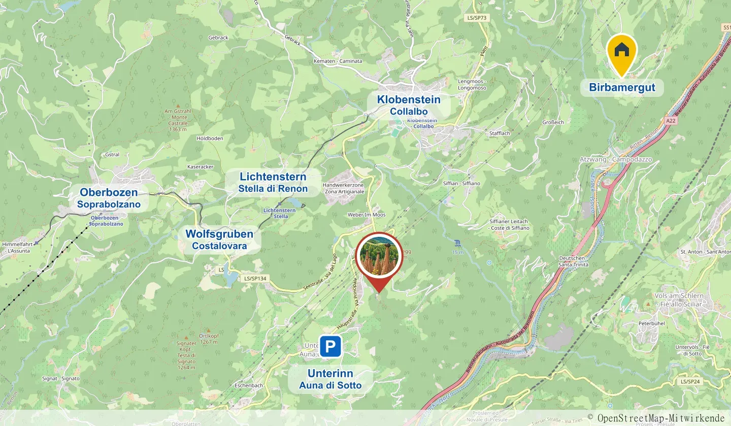 Mappa: piramidi di terra bianche presso Auna di Sotto sul Renon