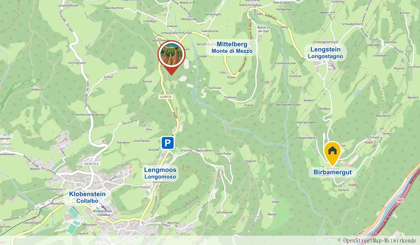 Mappa: piramidi di terra a Longomoso sul Renon, parcheggi inclusi