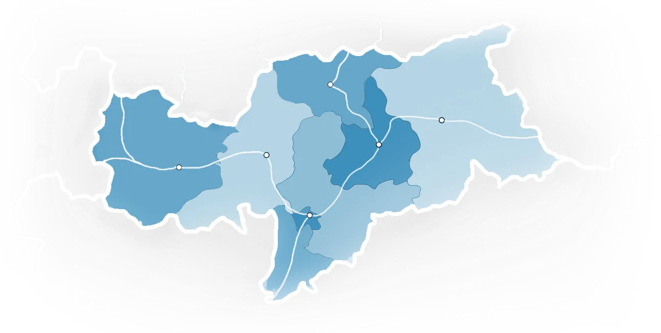 Map of South Tyrol with its main cities and the location of the Birbamergut